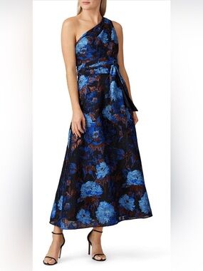 Aidan Mattox Jacquard Blue Floral One Shoulder Dress, size 2